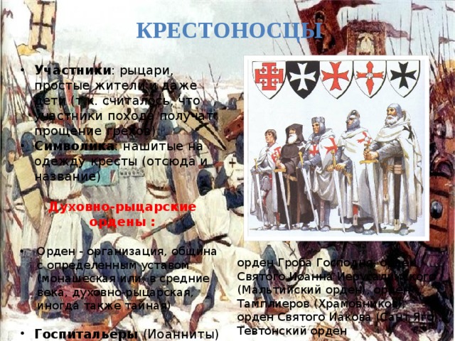 Крестоносцы Участники : рыцари, простые жители и даже дети (т.к. считалось, что участники похода получат прощение грехов) Символика : нашитые на одежду кресты (отсюда и название) Духовно-рыцарские ордены :  Орден - организация, община с определенным уставом (монашеская или, в средние века, духовно-рыцарская, иногда также тайная) Госпитальеры (Иоанниты) Тамплиеры ( храмовники ) Тевтонский (Немецкий орден) орден Гроба Господня, орден Святого Иоанна Иерусалимского (Мальтийский орден), орден Тамплиеров (Храмовников), орден Святого Иакова (Сант Яго), Тевтонский орден 