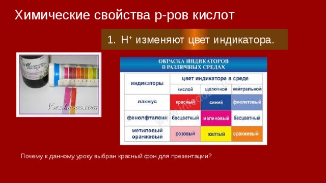 Химические свойства р-ров кислот H + изменяют цвет индикатора. Почему к данному уроку выбран красный фон для презентации? 
