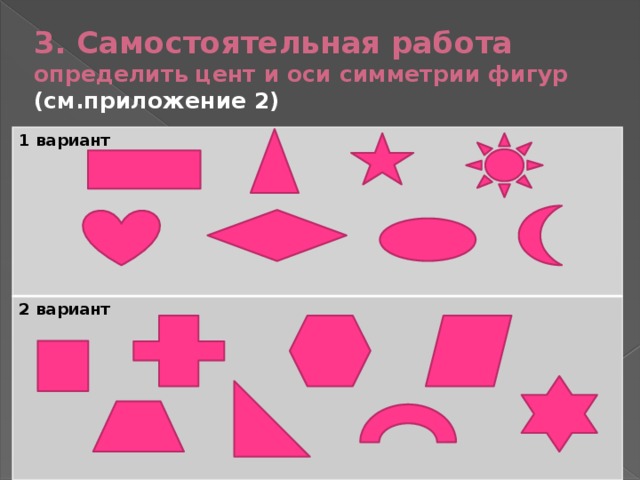 3. Самостоятельная работа  определить цент и оси симметрии фигур  (см.приложение 2) 1 вариант  2 вариант