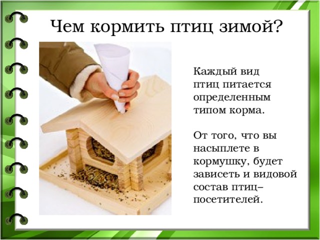 Чем кормить птиц зимой? Каждый вид птиц питается определенным типом корма. От того, что вы насыплете в кормушку, будет зависеть и видовой состав птиц–посетителей. 