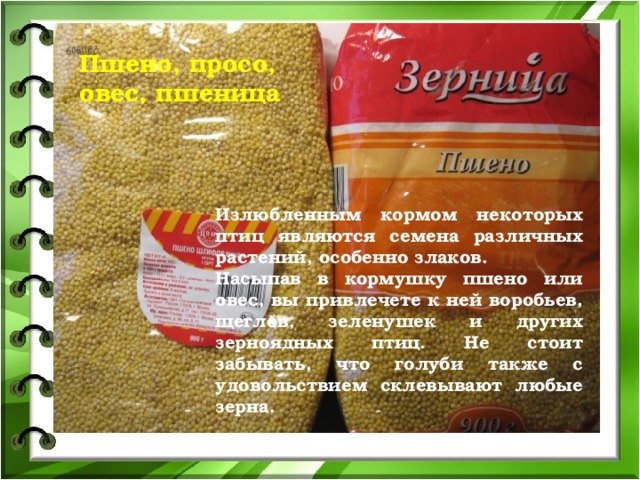 Пшено, просо, овес, пшеница Излюбленным кормом некоторых птиц являются семена различных растений, особенно злаков. Насыпав в кормушку пшено или овес, вы привлечете к ней воробьев, щеглов, зеленушек и других зерноядных птиц. Не стоит забывать, что голуби также с удовольствием склевывают любые зерна. 