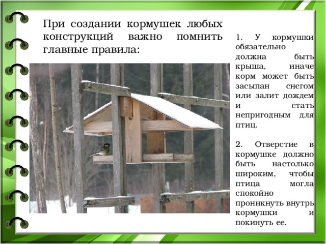 При создании кормушек любых конструкций важно помнить главные правила: 1. У кормушки обязательно должна быть крыша, иначе корм может быть засыпан снегом или залит дождем и стать непригодным для птиц. 2. Отверстие в кормушке должно быть настолько широким, чтобы птица могла спокойно проникнуть внутрь кормушки и покинуть ее. 