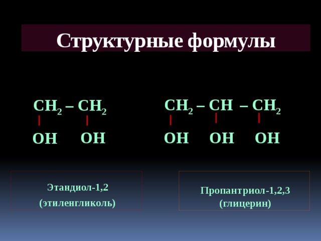 Структурные формулы – СН 2 СН 2 – СН СН 2 – СН 2 ОН ОН ОН ОН ОН    Этандиол-1,2 Пропантриол-1,2,3 (этиленгликоль) (глицерин) 6 