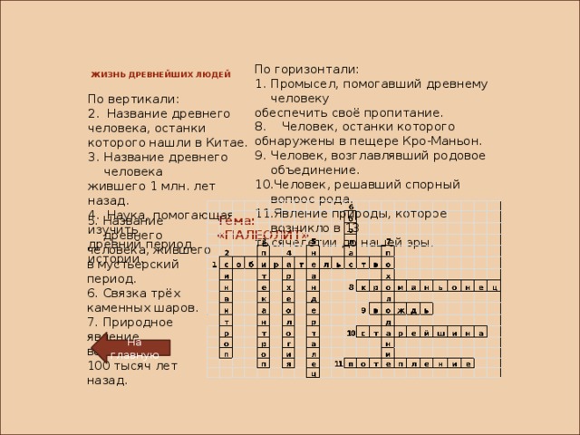 По горизонтали: Промысел, помогавший древнему человеку обеспечить своё пропитание. 8. Человек, останки которого обнаружены в пещере Кро-Маньон. Человек, возглавлявший родовое объединение. Человек, решавший спорный вопрос рода. Явление природы, которое возникло в 13 тысячелетии до нашей эры. ЖИЗНЬ ДРЕВНЕЙШИХ ЛЮДЕЙ По вертикали: 2. Название древнего человека, останки которого нашли в Китае. Название древнего человека жившего 1 млн. лет назад. 4. Наука, помогающая изучить древний период истории. Тема: «ПАЛЕОЛИТ» Название древнего человека, жившего в мустьерский период. Связка трёх каменных шаров. Природное явление возникшее 100 тысяч лет назад. На главную 