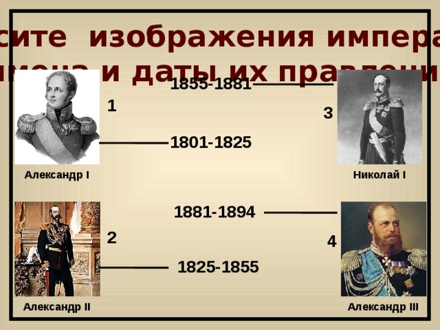 Соотнесите изображения императоров, имена и даты их правления 1855-1881 1 3 1801-1825 Александр I Николай I 1881-1894 2 4 1825-1855 Александр II Александр III 