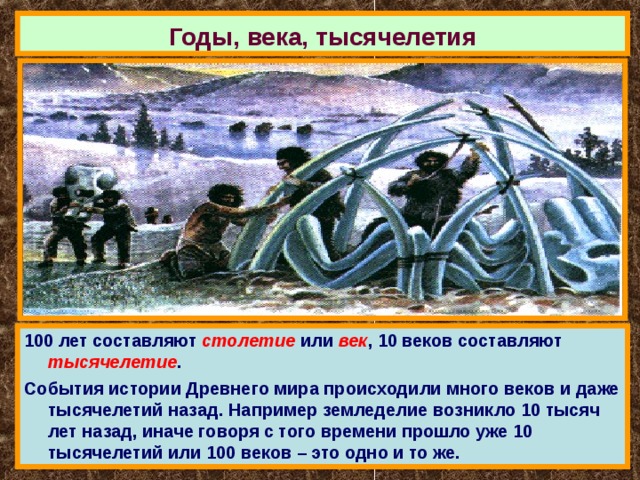 Годы, века, тысячелетия 100 лет составляют столетие или век , 10 веков составляют тысячелетие . События истории Древнего мира происходили много веков и даже тысячелетий назад. Например земледелие возникло 10 тысяч лет назад, иначе говоря с того времени прошло уже 10 тысячелетий или 100 веков – это одно и то же. 