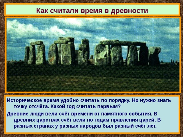 Как считали время в древности Историческое время удобно считать по порядку. Но нужно знать точку отсчёта. Какой год считать первым? Древние люди вели счёт времени от памятного события. В древних царствах счёт вели по годам правления царей. В разных странах у разных народов был разный счёт лет. 