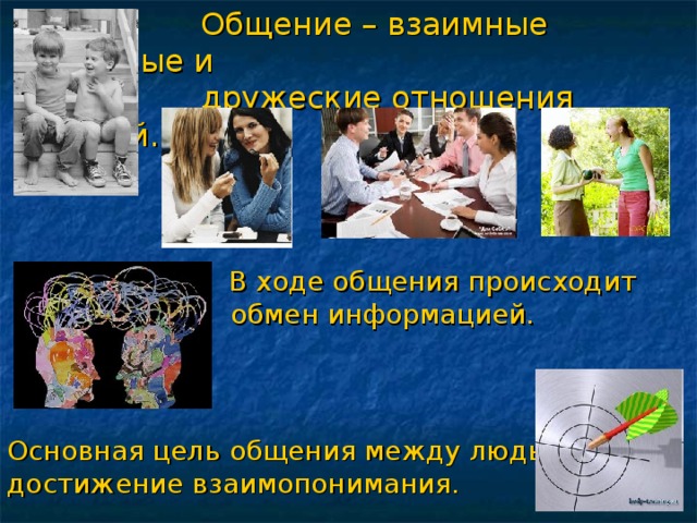  Общение – взаимные деловые и  дружеские отношения людей.  В ходе общения происходит  обмен информацией. Основная цель общения между людьми – достижение взаимопонимания. 