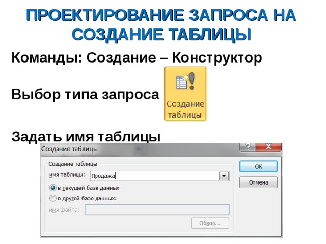 ПРОЕКТИРОВАНИЕ ЗАПРОСА НА СОЗДАНИЕ ТАБЛИЦЫ Команды: Создание – Конструктор  Выбор типа запроса  Задать имя таблицы   