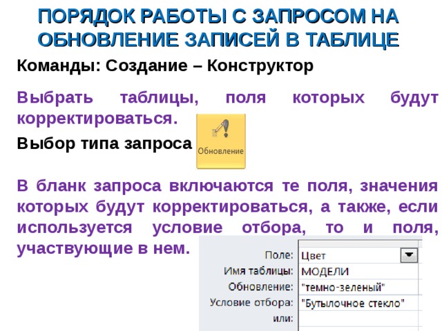 ПОРЯДОК РАБОТЫ С ЗАПРОСОМ НА ОБНОВЛЕНИЕ ЗАПИСЕЙ В ТАБЛИЦЕ Команды: Создание – Конструктор  Выбрать таблицы, поля которых будут корректироваться. Выбор типа запроса  В бланк запроса включаются те поля, значения которых будут корректироваться, а также, если используется условие отбора, то и поля, участвующие в нем.  