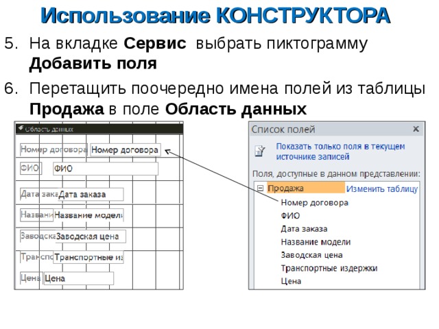 Использование КОНСТРУКТОРА На вкладке Сервис выбрать пиктограмму Добавить поля Перетащить поочередно имена полей из таблицы Продажа в поле Область данных 