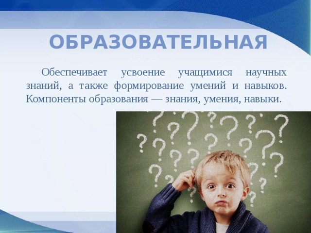 Образовательная   Обеспечивает усвоение учащимися научных знаний, а также формирование умений и навыков. Компоненты образования — знания, умения, навыки. 