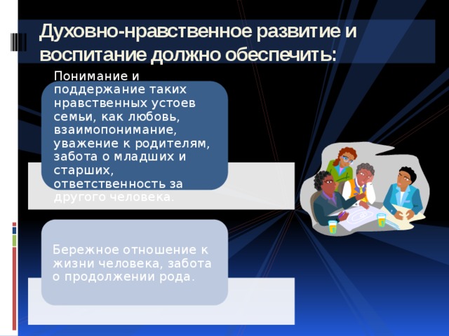 Духовно-нравственное развитие и воспитание должно обеспечить: Понимание и поддержание таких нравственных устоев семьи, как любовь, взаимопонимание, уважение к родителям, забота о младших и старших, ответственность за другого человека. Бережное отношение к жизни человека, забота о продолжении рода. 