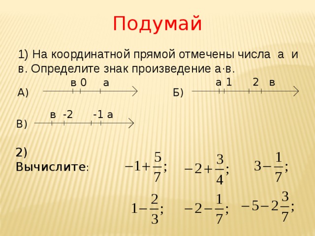 Подумай 1) На координатной прямой отмечены числа а и в. Определите знак произведение а∙в.  а 1 2 в  в 0 а А) Б) в -2 -1 а В) 2) Вычислите : 