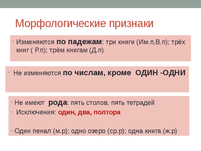  Морфологические признаки Изменяются по падежам : три книги (Им.п,В.п); трёх книг ( Р.п); трём книгам (Д.п)  Не изменяются по числам, кроме ОДИН -ОДНИ Не имеют рода : пять столов, пять тетрадей  Исключения: один, два, полтора Один пенал (м.р); одно озеро (ср.р); одна книга (ж.р) 