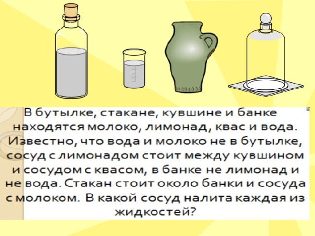 Задача про кувшин. Бутылка стакан кувшин банка. В бутылке стакане кувшине и банке. Банка кувшин молоко лимонад. Задача на логику с бутылками.