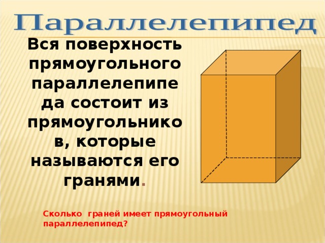 Вся поверхность прямоугольного параллелепипеда состоит из прямоугольников, которые называются его гранями . Сколько граней имеет прямоугольный параллелепипед?  