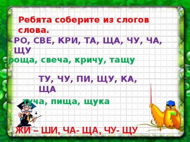 Ребята соберите из слогов слова. РО, СВЕ, КРИ, ТА, ЩА, ЧУ, ЧА, ЩУ роща, свеча, кричу, тащу ТУ, ЧУ, ПИ, ЩУ, КА, ЩА туча, пища, щука ЖИ – ШИ, ЧА- ЩА, ЧУ- ЩУ