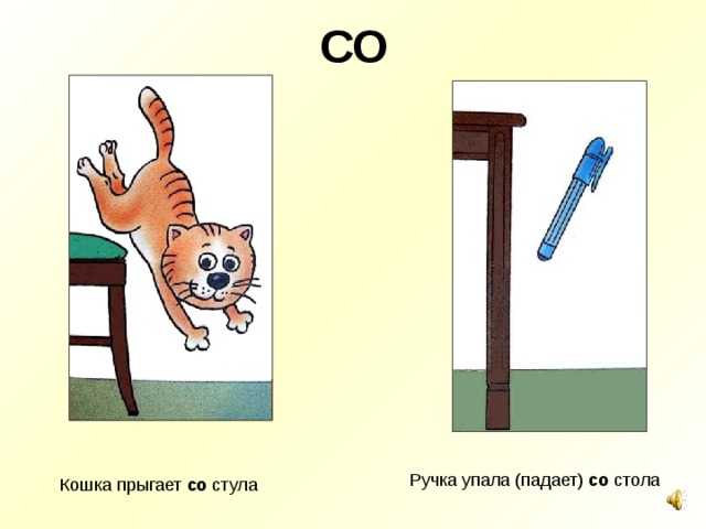 СО Ручка упала (падает) со стола Кошка прыгает со стула 