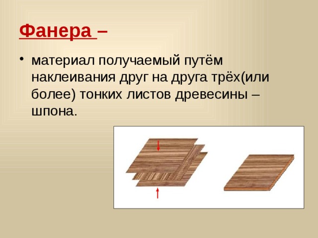 Фанера – материал получаемый путём наклеивания друг на друга трёх(или более) тонких листов древесины – шпона. 