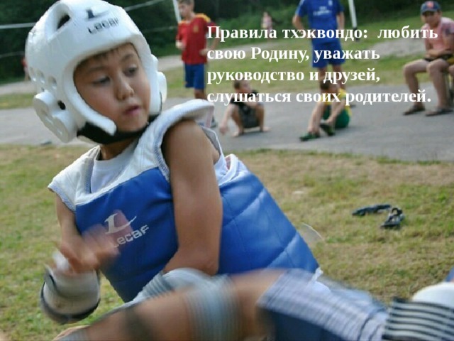 Правила тхэквондо: любить свою Родину, уважать руководство и друзей, слушаться своих родителей. 