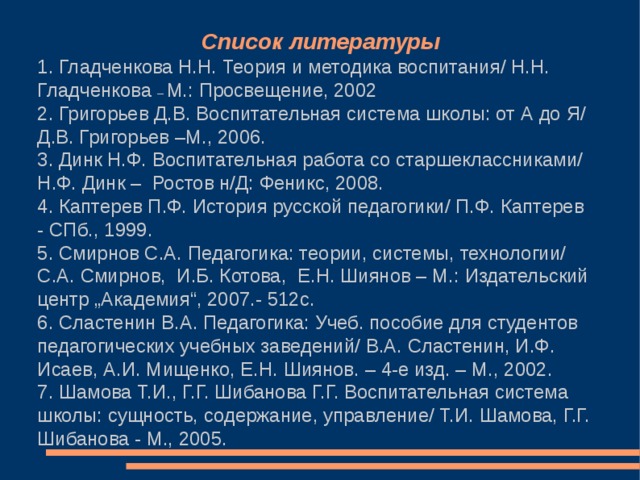 Список литературы 1. Гладченкова Н.Н. Теория и методика воспитания/ Н.Н. Гладченкова – М.: Просвещение, 2002 2. Григорьев Д.В. Воспитательная система школы: от А до Я/ Д.В. Григорьев –М., 2006. 3. Динк Н.Ф. Воспитательная работа со старшеклассниками/ Н.Ф. Динк – Ростов н/Д: Феникс, 2008. 4. Каптерев П.Ф. История русской педагогики/ П.Ф. Каптерев - СПб., 1999. 5. Смирнов С.А. Педагогика: теории, системы, технологии/ С.А. Смирнов, И.Б. Котова, Е.Н. Шиянов – М.: Издательский центр „Академия“, 2007.- 512с. 6. Сластенин В.А. Педагогика: Учеб. пособие для студентов педагогических учебных заведений/ В.А. Сластенин, И.Ф. Исаев, А.И. Мищенко, Е.Н. Шиянов. – 4-е изд. – М., 2002. 7. Шамова Т.И., Г.Г. Шибанова Г.Г. Воспитательная система школы: сущность, содержание, управление/ Т.И. Шамова, Г.Г. Шибанова - М., 2005. 