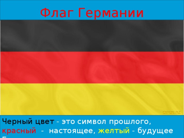 Флаг Германии Черный  цвет  - это символ прошлого, красный - настоящее, желтый  - будущее Германии. 