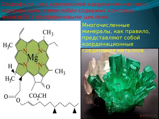 Хлорофилл - это комплексное соединение магния с порфиринами, гемоглобин содержит комплекс железа(II) с порфириновыми циклами. Многочисленные минералы, как правило, представляют собой координационные соединения металлов. 
