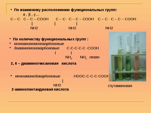 По взаимному расположению функциональных групп:  α , β , γ… С – С- С – С – СООН С – С- С – С – СООН С – С- С – С – СООН  |   |    |  NH2 NH2 NH2 По количеству функциональных групп :  моноаминомонокарбоновые  диаминомонокарбоновые С-С-С-С-С -СООН    ׀ ׀  NH 2 NH 2 лизин 2, 6 – диаминогексановая кислота   моноаминодикарбоновые НООС-С-С-С-СООН        |       NH2 глутаминовая 2-аминопентандиовая кислота 