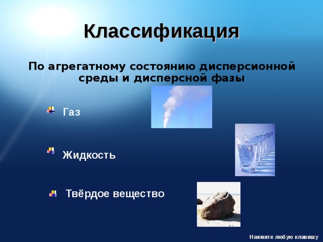 Классификация По агрегатному состоянию дисперсионной среды и дисперсной фазы Газ Жидкость Твёрдое вещество Нажмите любую клавишу 