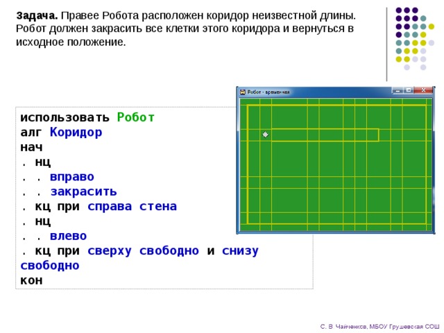 Задача. Правее Робота расположен коридор неизвестной длины. Робот должен закрасить все клетки этого коридора и вернуться в исходное положение. использовать  Робот  алг  Коридор  нач  . нц   . . вправо  . . закрасить  . кц при  справа стена  . нц   . . влево  . кц при  сверху свободно  и  снизу свободно  кон 