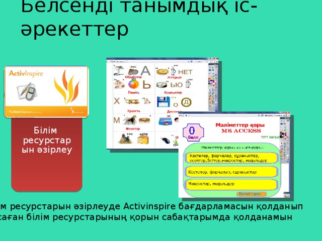 Белсенді танымдық іс-әрекеттер Білім ресурстарын әзірлеу Білім ресурстарын әзірлеуде Activinspire бағдарламасын қолданып жасаған білім ресурстарының қорын сабақтарымда қолданамын 