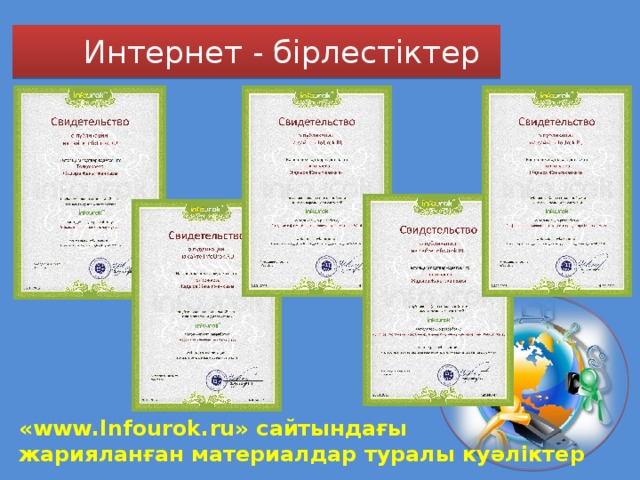 Интернет - бірлестіктер «www.Infourok.ru» сайтындағы жарияланған материалдар туралы куәліктер 