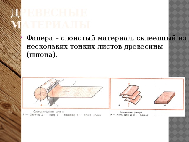 Древесные материалы Фанера – слоистый материал, склеенный из нескольких тонких листов древесины (шпона). 