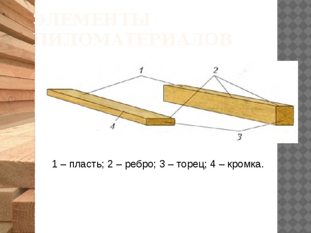 Элементы пиломатериалов 1 – пласть; 2 – ребро; 3 – торец; 4 – кромка. 