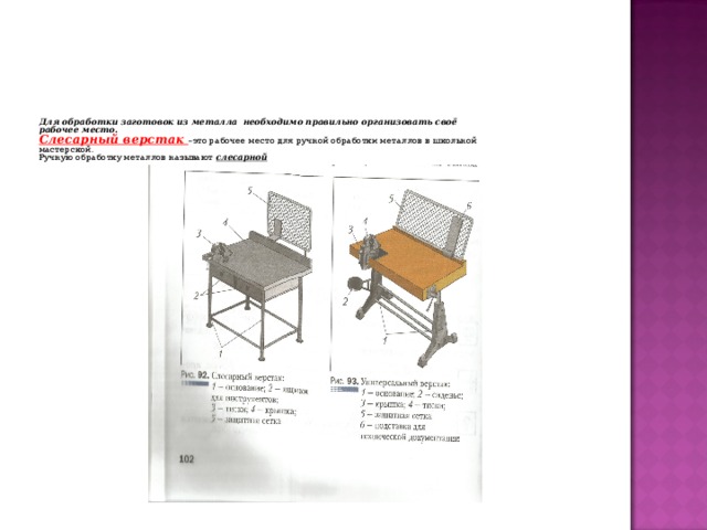 Для обработки заготовок из металла необходимо правильно организовать своё рабочее место. Слесарный верстак –это рабочее место для ручной обработки металлов в школьной мастерской. Ручную обработку металлов называют слесарной 