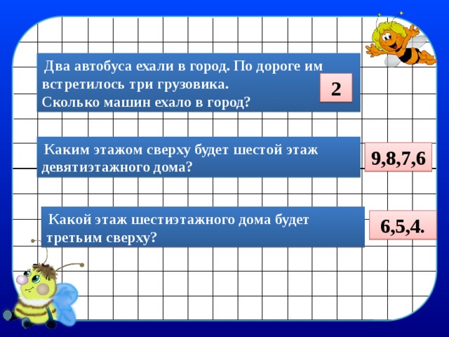  Два автобуса ехали в город. По дороге им встретилось три грузовика. Сколько машин ехало в город? 2  Каким этажом сверху будет шестой этаж девятиэтажного дома? 9,8,7,6  Какой этаж шестиэтажного дома будет третьим сверху? 6,5,4. 