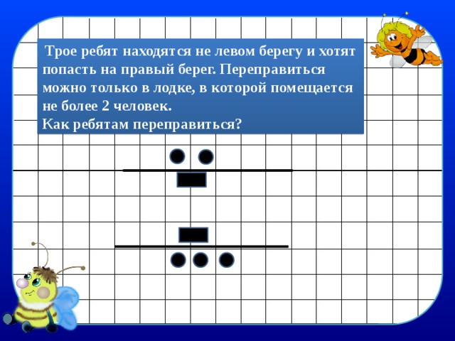  Трое ребят находятся не левом берегу и хотят попасть на правый берег. Переправиться можно только в лодке, в которой помещается не более 2 человек. Как ребятам переправиться? 