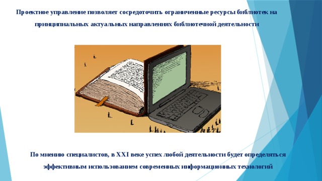 Проектное управление позволяет сосредоточить ограниченные ресурсы библиотек на принципиальных актуальных направлениях библиотечной деятельности По мнению специалистов, в XXI веке успех любой деятельности будет определяться эффективным использованием современных информационных технологий 
