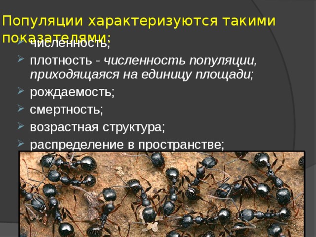 Популяции характеризуются такими показателями:   численность; плотность - численность популяции, приходящаяся на единицу площади; рождаемость; смертность; возрастная структура; распределение в пространстве; 