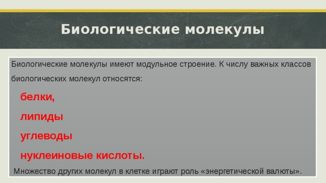 Биологические молекулы   Биологические молекулы имеют модульное строение. К числу важных классов биологических молекул относятся:  белки,  липиды  углеводы  нуклеиновые кислоты.  Множество других молекул в клетке играют роль «энергетической валюты».  