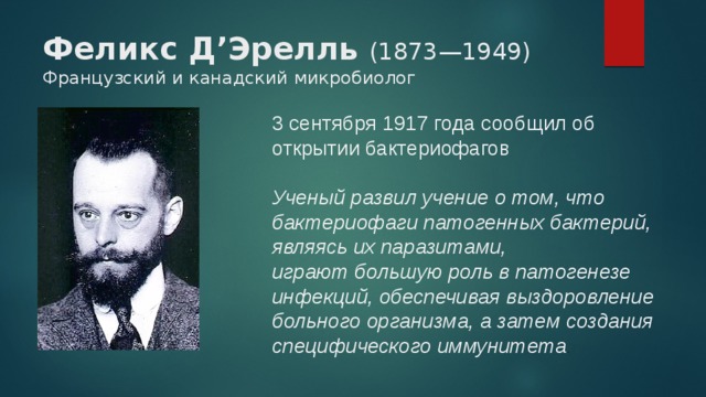 Феликс Д’Эрелль (1873—1949)  Французский и канадский микробиолог 3 сентября 1917 года сообщил об открытии бактериофагов Ученый развил учение о том, что бактериофаги патогенных бактерий, являясь их паразитами, играют большую роль в патогенезе инфекций, обеспечивая выздоровление больного организма, а затем создания специфического иммунитета .  