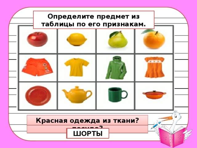 Определите предмет из таблицы по его признакам. Зелёная керамическая посуда? Красная одежда из ткани? Жёлтый кислый фрукт? ЛИМОН КРУЖКА ШОРТЫ 