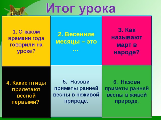 1. О каком времени года говорили на уроке? 2. Весенние месяцы – это … 3. Как называют март в народе? 6. Назови приметы ранней весны в живой природе. 5. Назови приметы ранней весны в неживой природе. 4. Какие птицы прилетают весной первыми? 