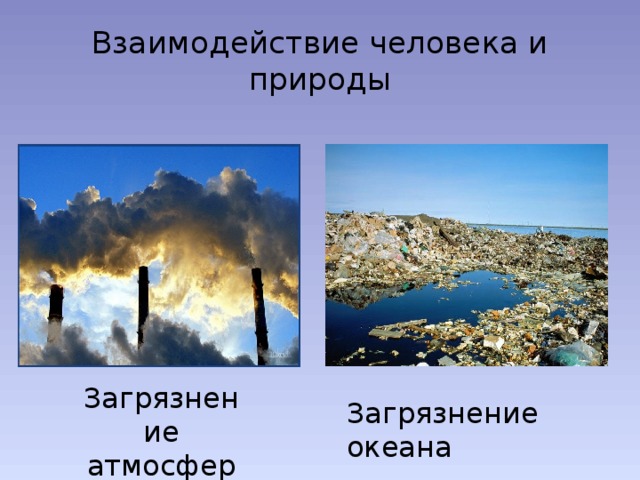 Взаимодействие человека и природы Загрязнение атмосферы Загрязнение океана 