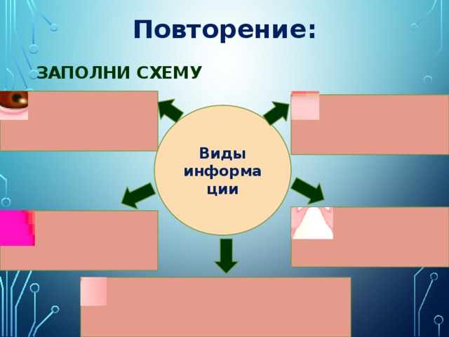 Повторение: Заполни схему Виды информации 