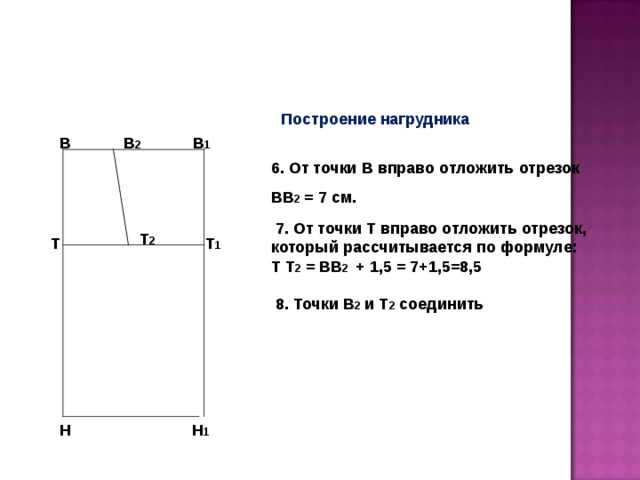 Построение нагрудника В 2  В 1 В 6. От точки В вправо отложить отрезок ВВ 2 = 7 см.   7. От точки Т вправо отложить отрезок, который рассчитывается по формуле: Т Т 2 = ВВ 2   + 1,5 = 7+1,5=8,5    Т 2  Т Т 1  8. Точки В 2 и Т 2 соединить Н  Н 1  