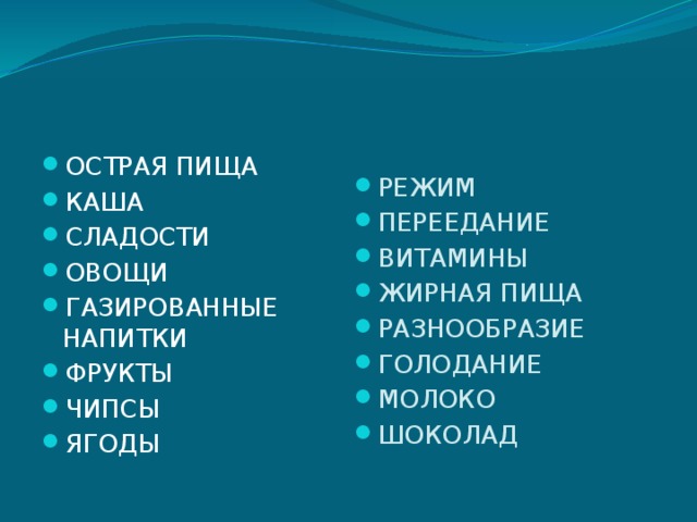 ОСТРАЯ ПИЩА КАША СЛАДОСТИ ОВОЩИ ГАЗИРОВАННЫЕ НАПИТКИ ФРУКТЫ ЧИПСЫ ЯГОДЫ РЕЖИМ ПЕРЕЕДАНИЕ ВИТАМИНЫ ЖИРНАЯ ПИЩА РАЗНООБРАЗИЕ ГОЛОДАНИЕ МОЛОКО ШОКОЛАД 