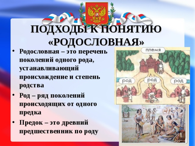 ПОДХОДЫ К ПОНЯТИЮ «РОДОСЛОВНАЯ» Родословная – это перечень поколений одного рода, устанавливающий происхождение и степень родства Род – ряд поколений происходящих от одного предка Предок – это древний предшественник по роду  