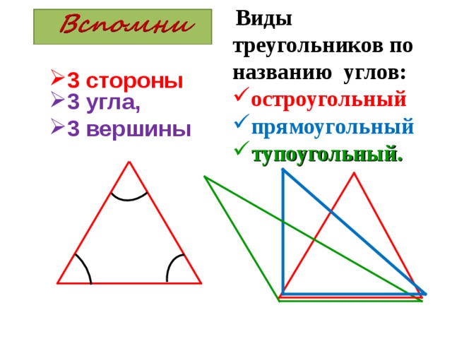  Виды треугольников по названию углов: остроугольный  прямоугольный тупоугольный. 3 стороны 3 угла, 3 вершины 